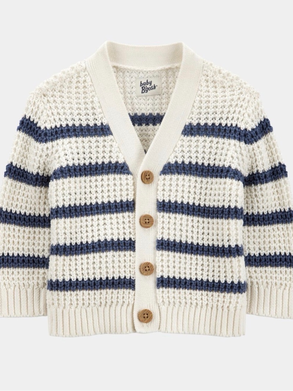Oshkosh B’gosh Baby Boy White Navy Striped Yarn Shawl Cardigan Size 6 M Cotton